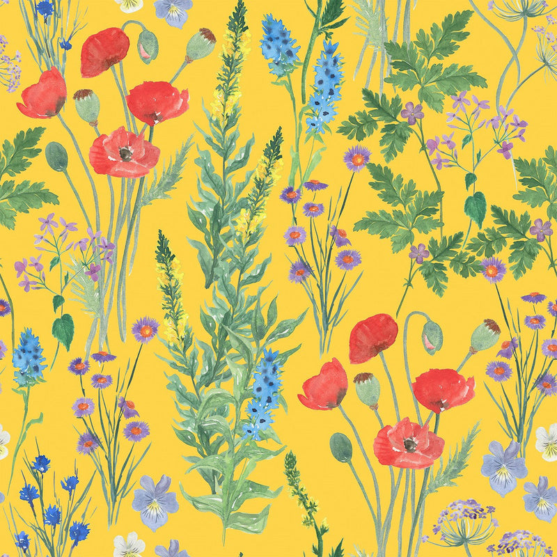 Brightly Yellow Wallpaper with Wildflowers