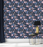Modish Dark Blue Wallpaper with Pink Flowers Chic