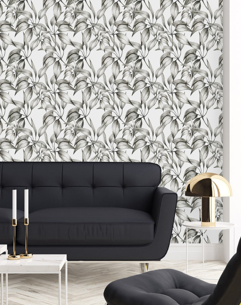 Fashionable Black and White Leaves Wallpaper Chic High-Quality