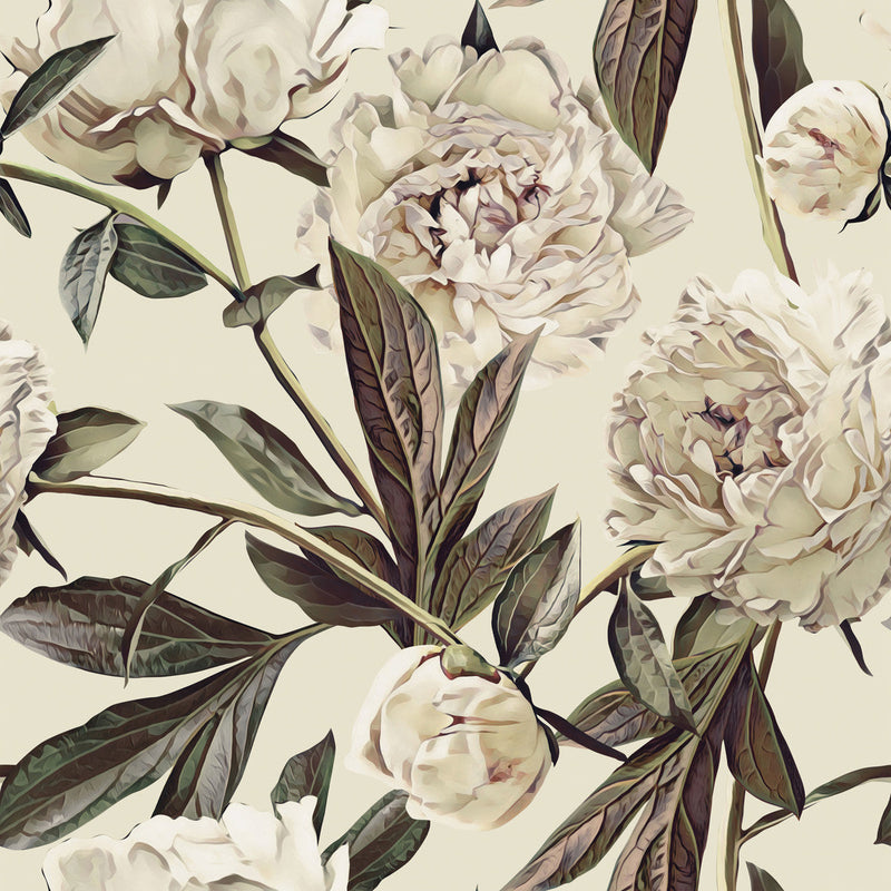 Contemporary Modern Beige Peonies Wallpaper