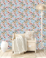 Elegant Blue Wallpaper with Pink Flowers Vogue