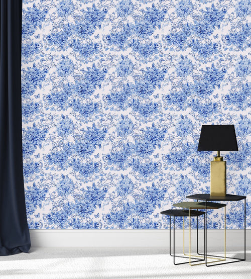 Blue Floral Wallpaper with Butterflies