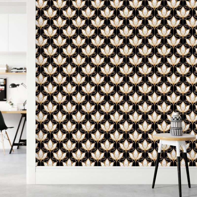 Black Wallpaper with Gold Flowers