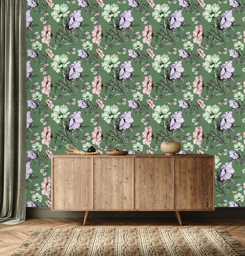 Fashionable Green Wallpaper with Flowers Fashionable