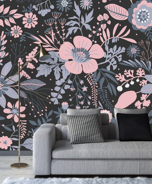 Pink Flowers and Leaves on Dark Background Wallpaper