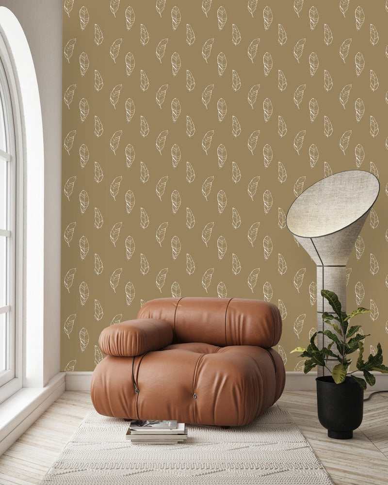 Beige Wallpaper with Feathers