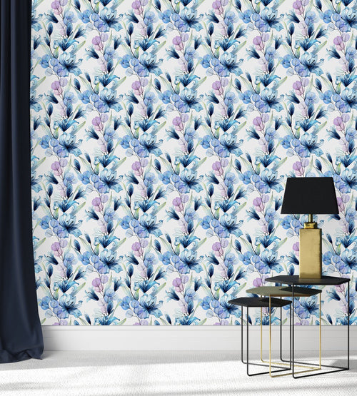 Blue Flowers and Leaves Wallpaper