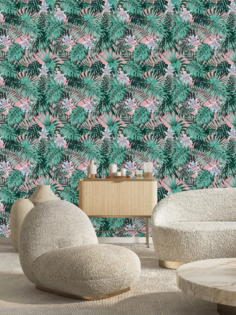 Pink Wallpaper with Green Exotic Leaves
