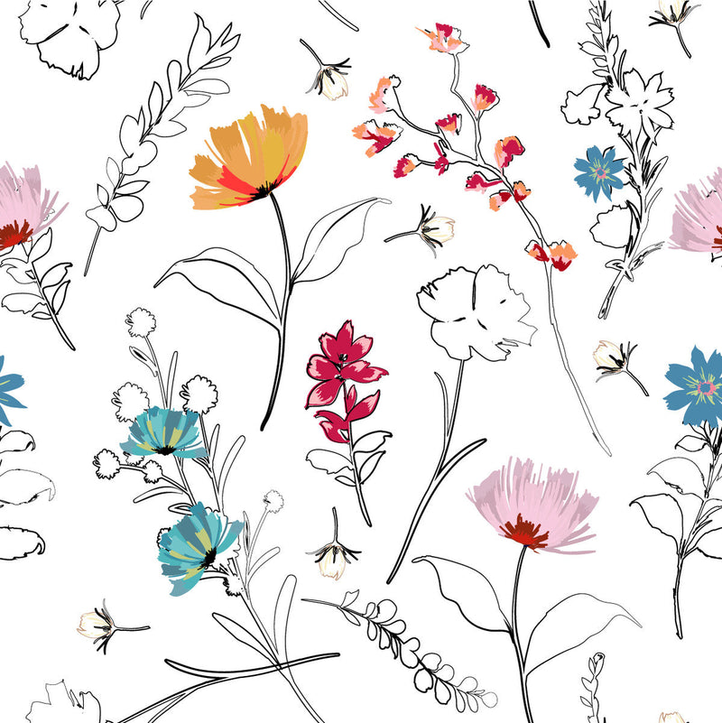 White Wallpaper with Contour of Flowers