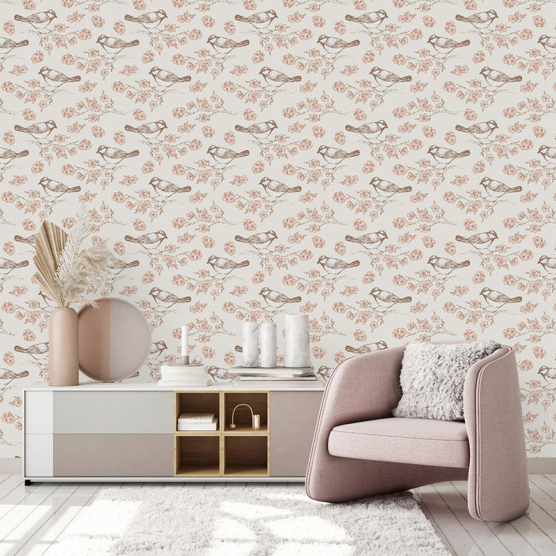 Modish Birds and Sakura Wallpaper Chic