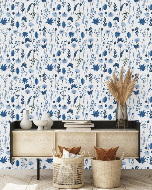 Blue Flowers and Batterflies Wallpaper
