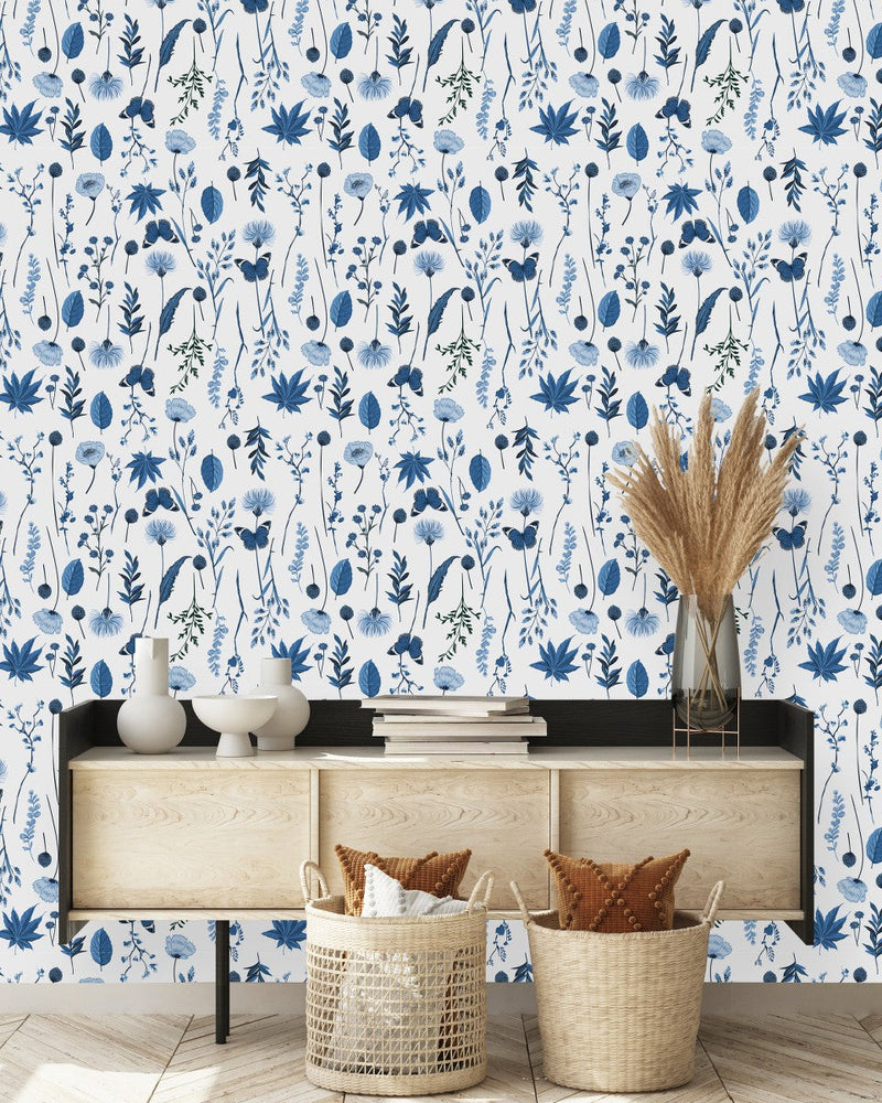Blue Flowers and Batterflies Wallpaper