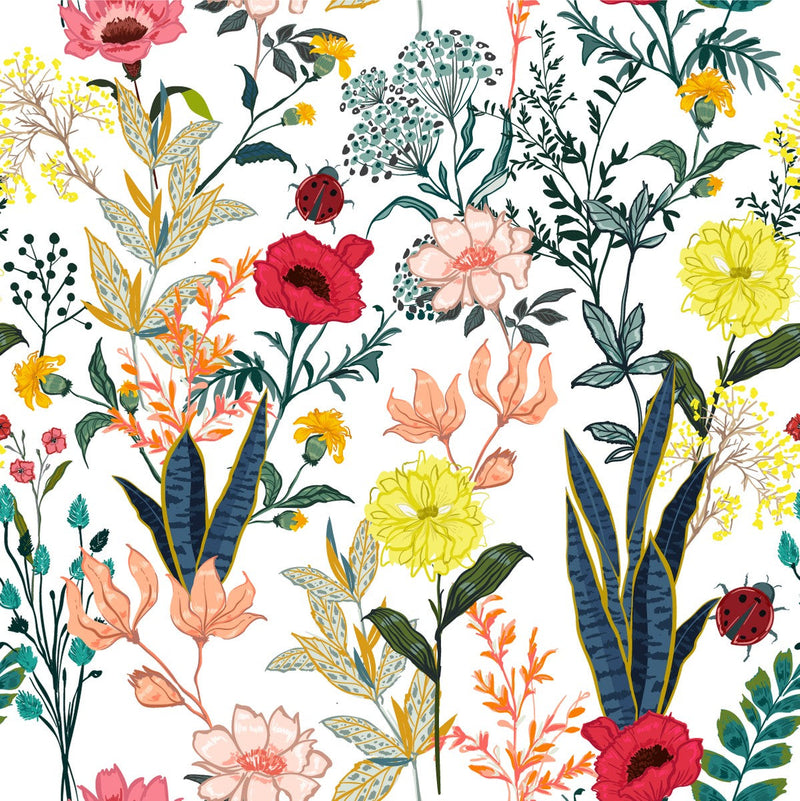 White Wallpaper with Flowers and Ladybugs