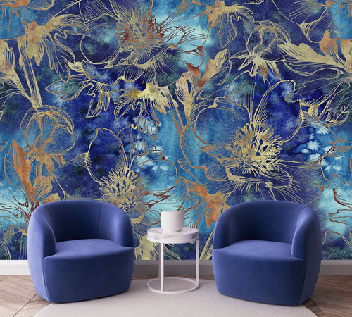 Dark Blue and Gold Floral Wallpaper