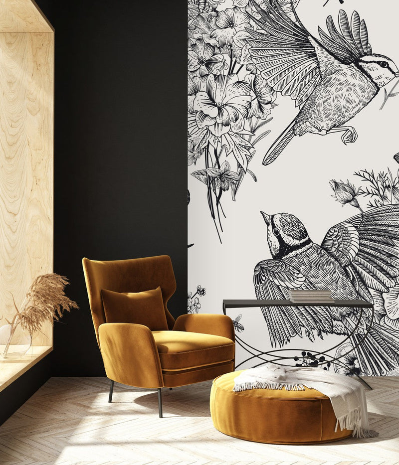 Black and White Floral Wallpaper with Birds