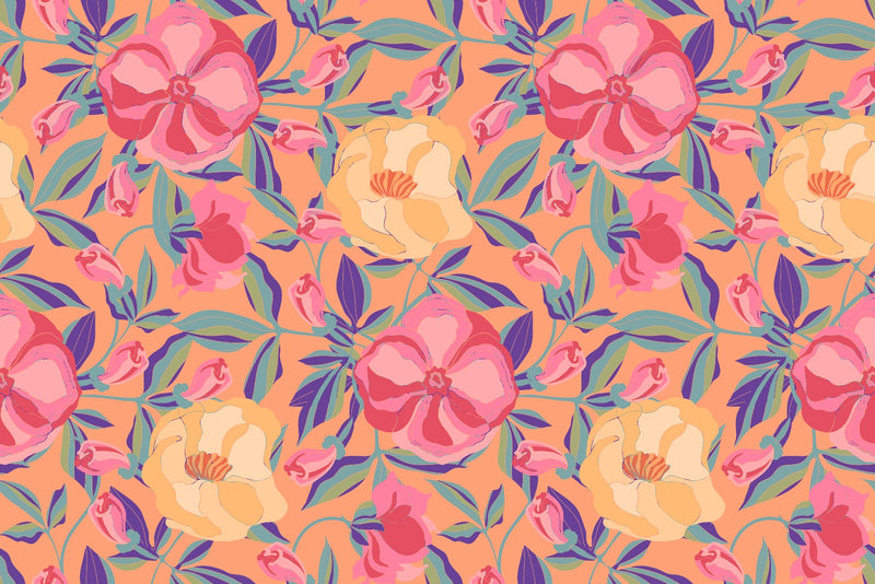 Contemporary Orange Floral Contemporary Wallpaper
