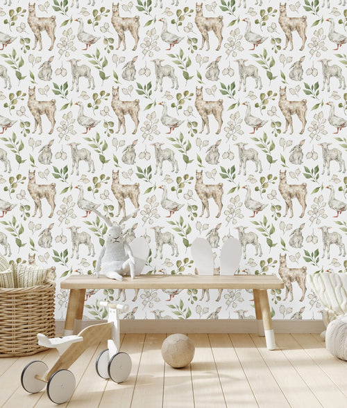 White Wallpaper with Leaves and Animals
