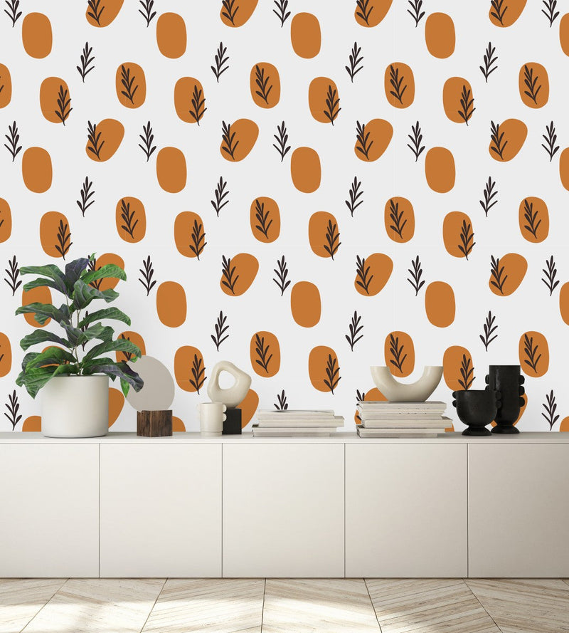 Dark Beige Spots with Botanical Plants Wallpaper