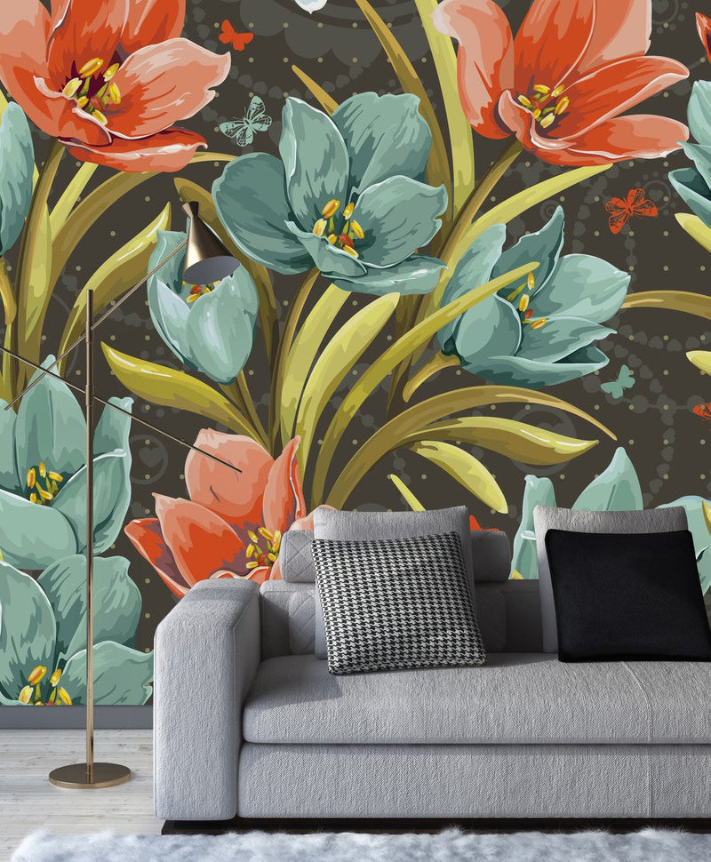 Modish Grey Wallpaper with Tulips Smart