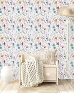 White Wallpaper with Contour of Flowers