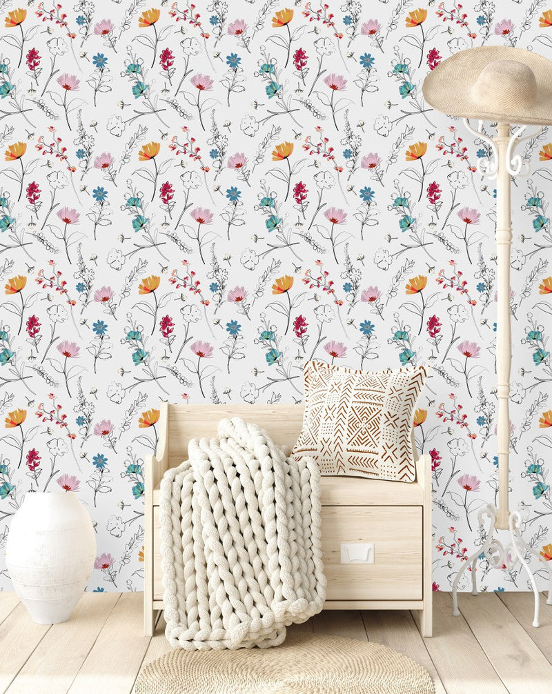 White Wallpaper with Contour of Flowers