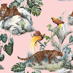 Pink Wallpaper with Leopard and Birds
