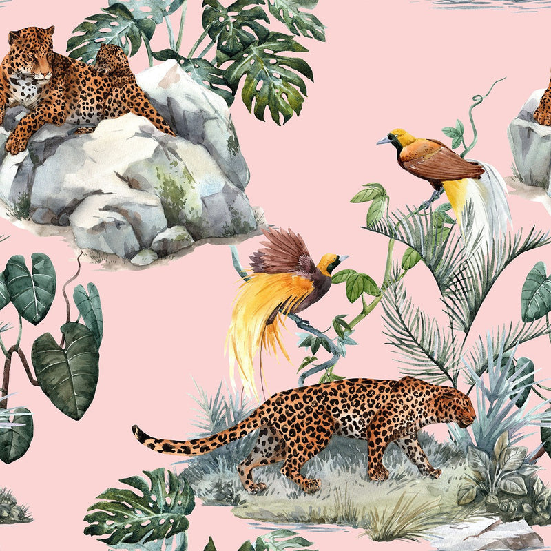 Pink Wallpaper with Leopard and Birds