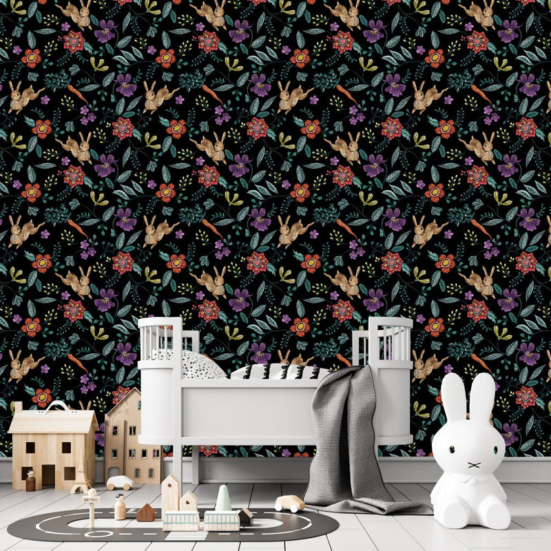 Contemporary Hares and Flowers Wallpaper