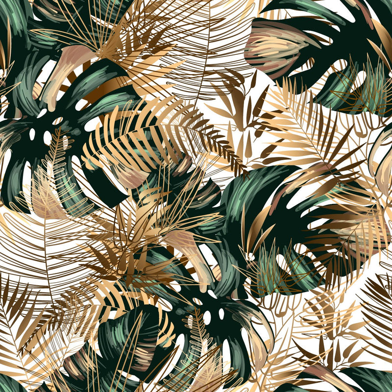 Gold and Green Monstera Leaves Wallpaper