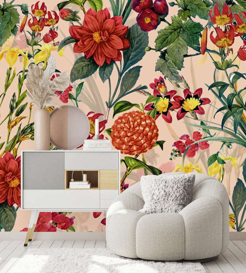 Beige Wallpaper with Red Flowers