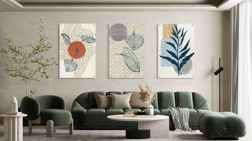 Leaves and Wavy Lines Set of 3 Prints Modern Wall Art Modern Artwork