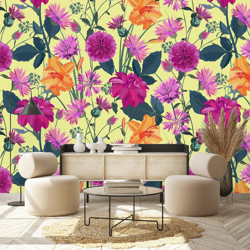 Brightly Pink and Orange Flowers Wallpaper