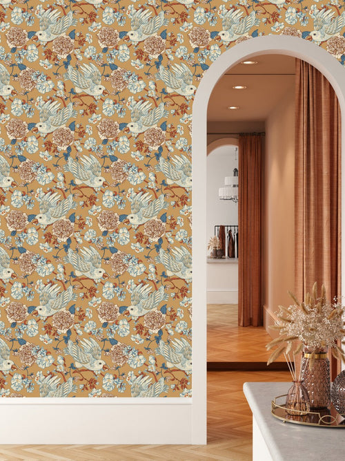 Beige Floral Wallpaper with Birds