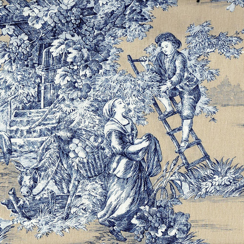 Tailored Tier Cafe Curtain Panels Pair in Pastorale #88 Blue on Beige French Country Toile