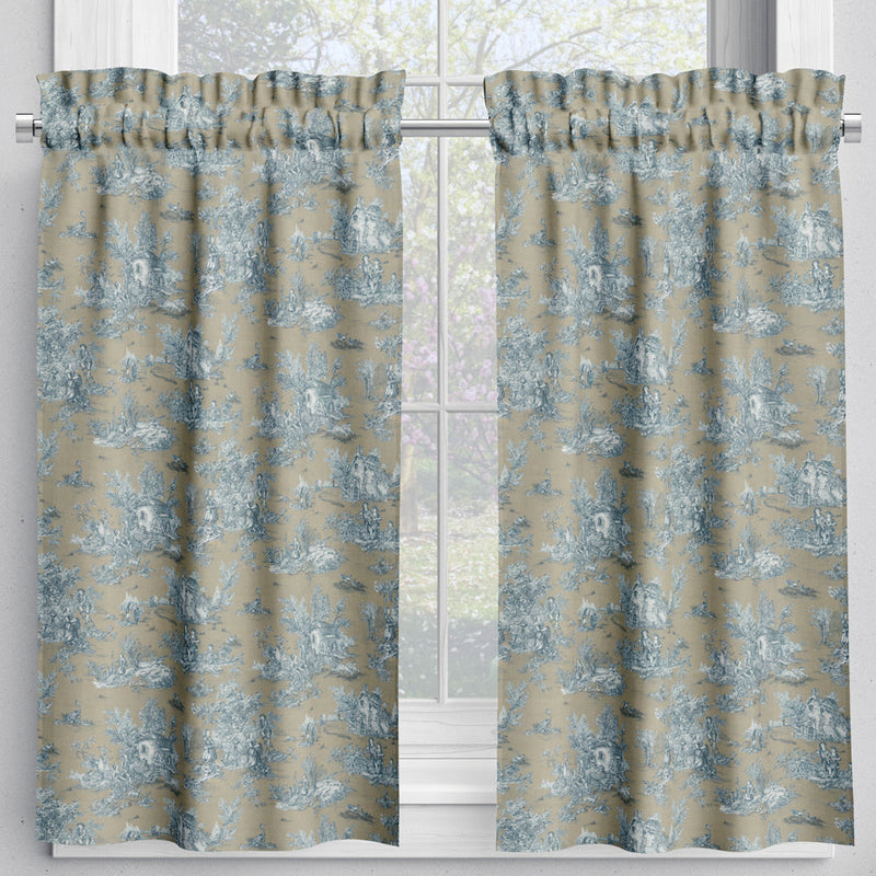 Tailored Tier Cafe Curtain Panels Pair in Pastorale #88 Blue on Beige French Country Toile