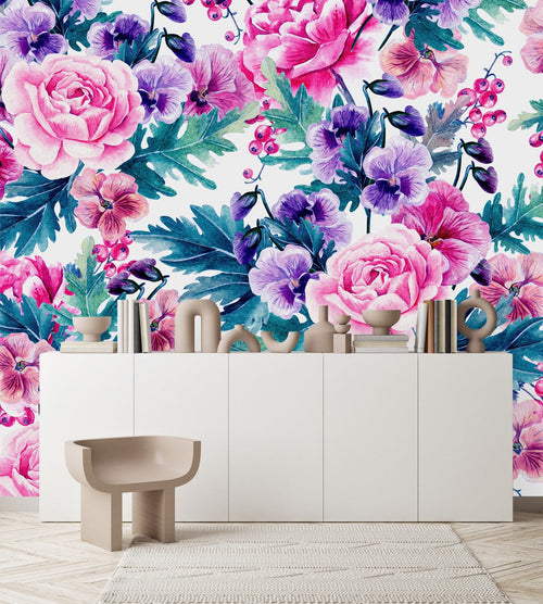 Elegant Modern Pink and Purple Flowers Wallpaper