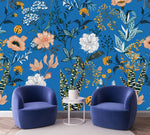 Blue Wallpaper with Flowers and Ladybugs