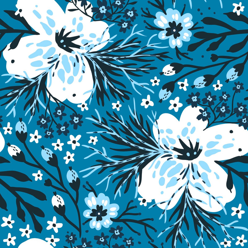 Blue Wallpaper with White Flowers Chic High-Quality