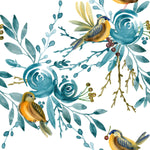 Birds on Blue Flowers Wallpaper