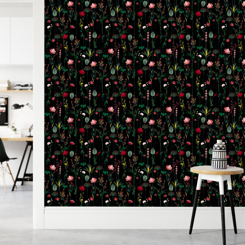 Elegant Black Wallpaper with Wildflowers Smart