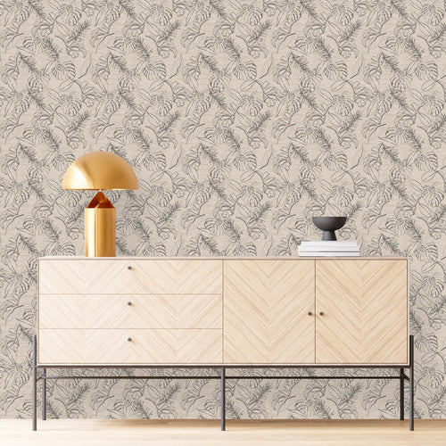 Beige Wallpaper with Leaves