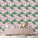 Pink Wallpaper with Leaves and Flowers