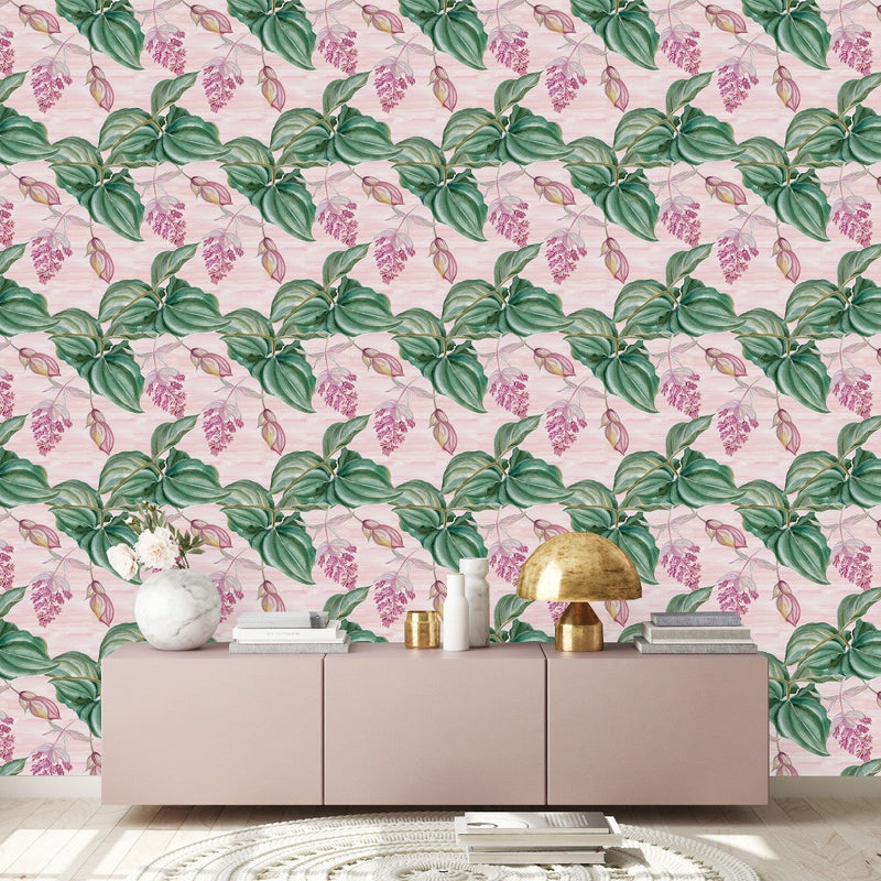 Pink Wallpaper with Leaves and Flowers