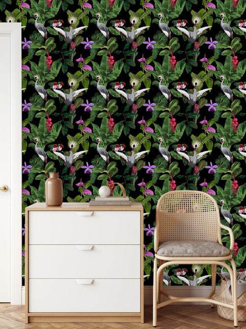 Black Wallpaper with Exotic Flowers