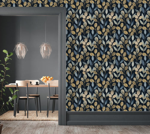 Contemporary Dark Wallpaper with Gold Leaves Fashionable