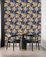 Dark Blue Wallpaper with Beige Flowers
