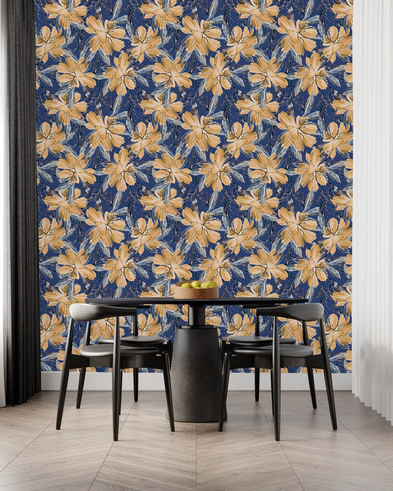 Dark Blue Wallpaper with Beige Flowers