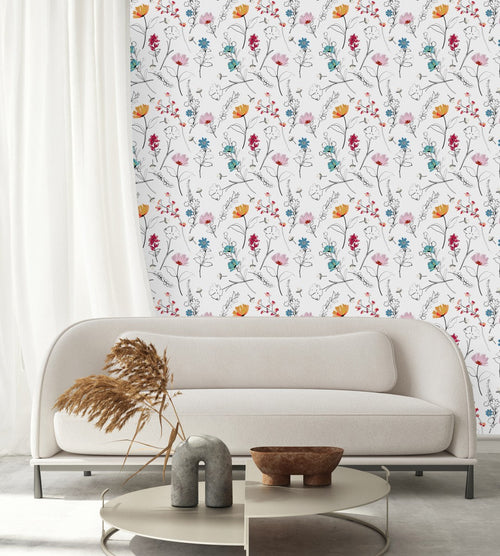 White Wallpaper with Contour of Flowers