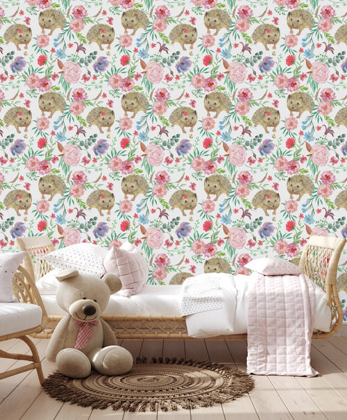 Hedgehogs between Flowers Wallpaper