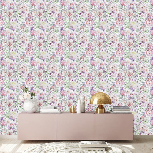 Contemporary Pink and Violet Flowers Wallpaper Tasteful
